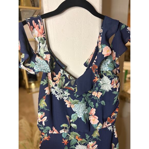 Oasis Fitzwilliam Museum Bird Butterfly Botanical Frill Cold Shoulder Midi Dress - Picture 4 of 7